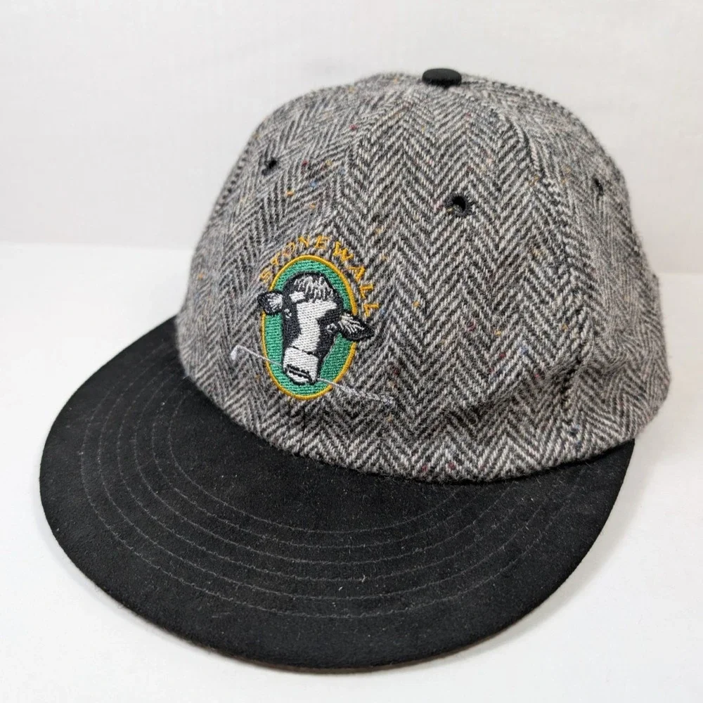 Vintage Stonewall PA Golf Hat Wool Gray Herringbone Wool USA Made Cow Logo